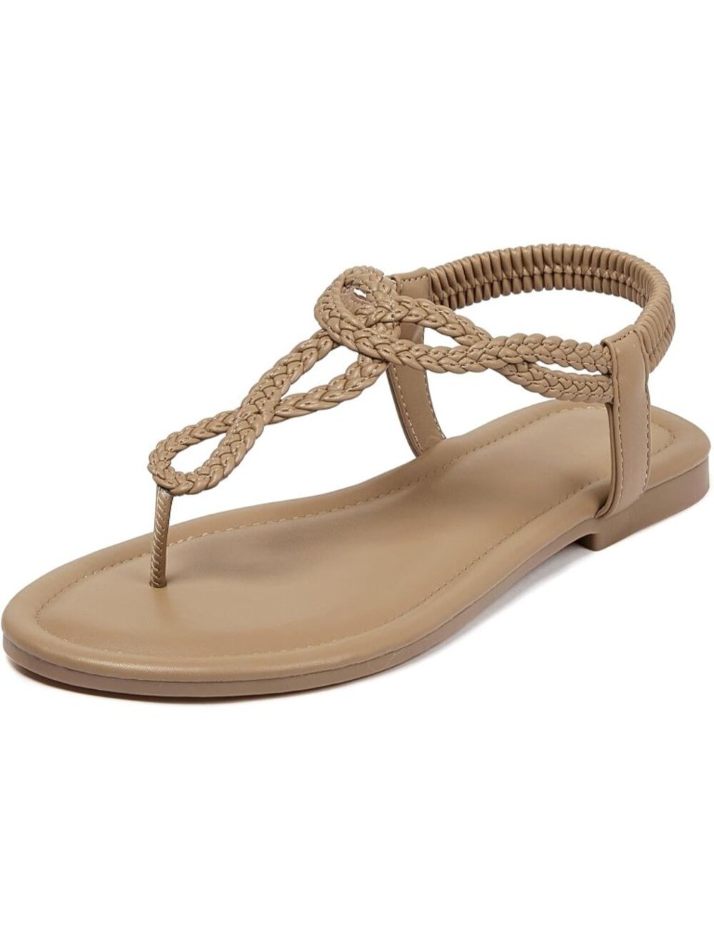 🆕 Women's Beige Braided T-Strap Flat Sandals Summer Boho Beach Walking Shoes